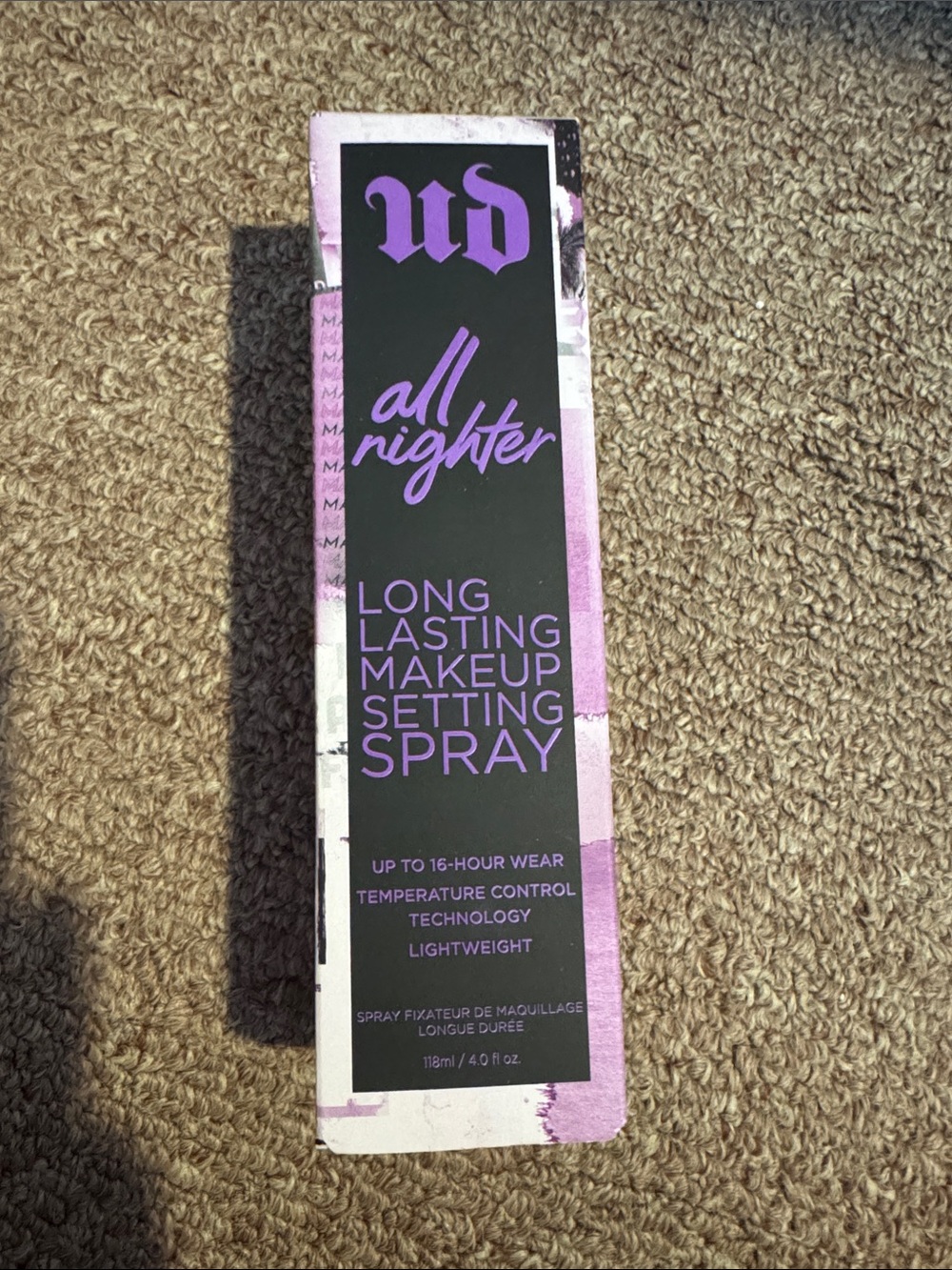 Urban Decay All Nighter Setting Spray in Purple and Black Packaging